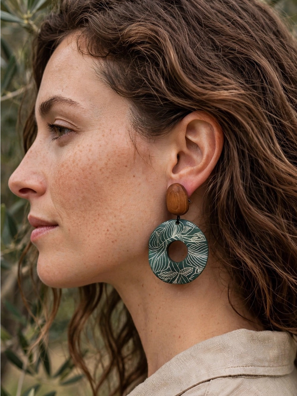 NWT Handmade Carved Wooden Clip On Dangle Earrings Dark Teal Floral Ring E105